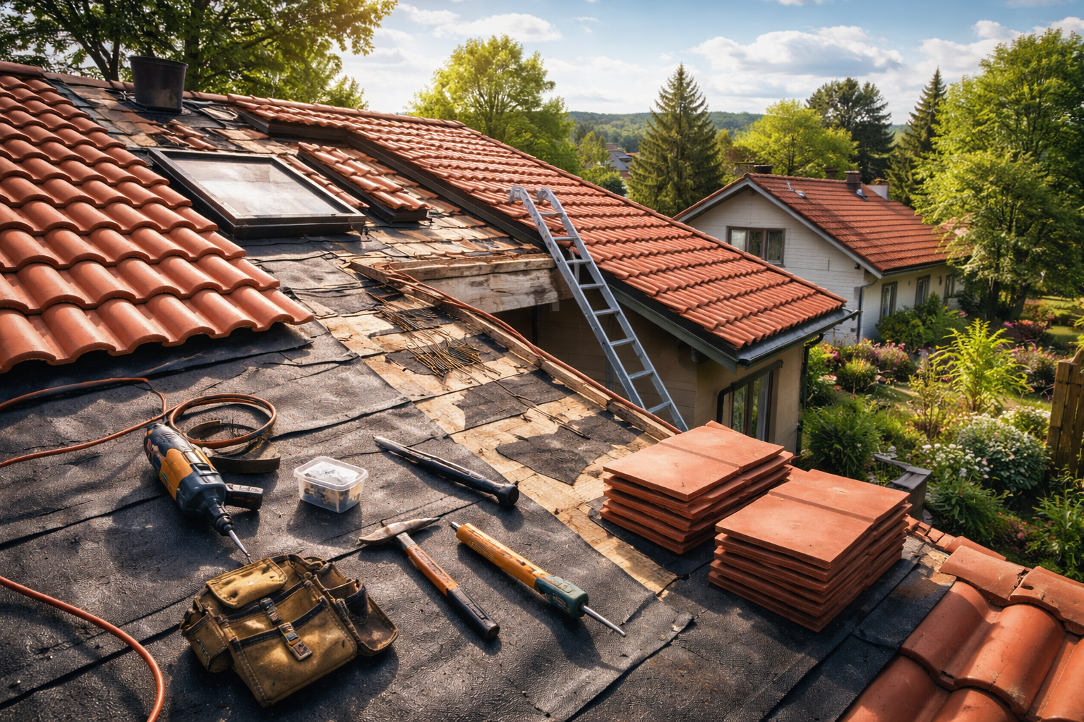 Travaux de réparation de toiture en cours : outils et tuiles sur une toiture partiellement démontée, échelle