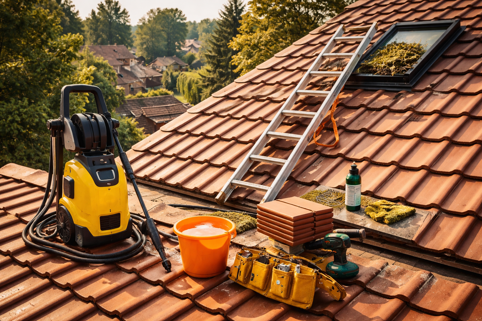 Nettoyeur haute pression jaune, échelle et outils sur un toit de tuiles rouges, prêts à être nettoyés.