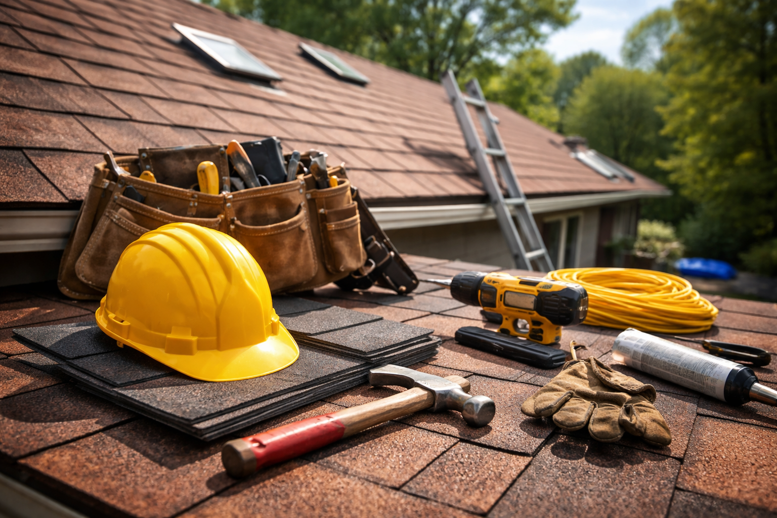Outils de couvreur sur un toit en bardeaux bruns : marteau, gants, perceuse.