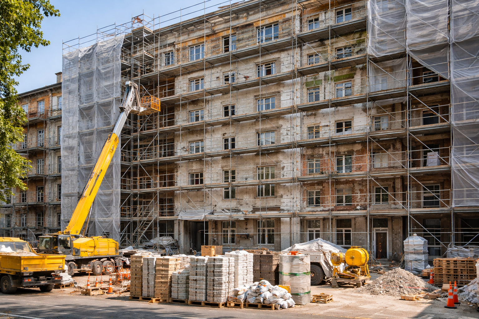 Bâtiment en construction avec échafaudages, grue et matériaux de construction visibles.