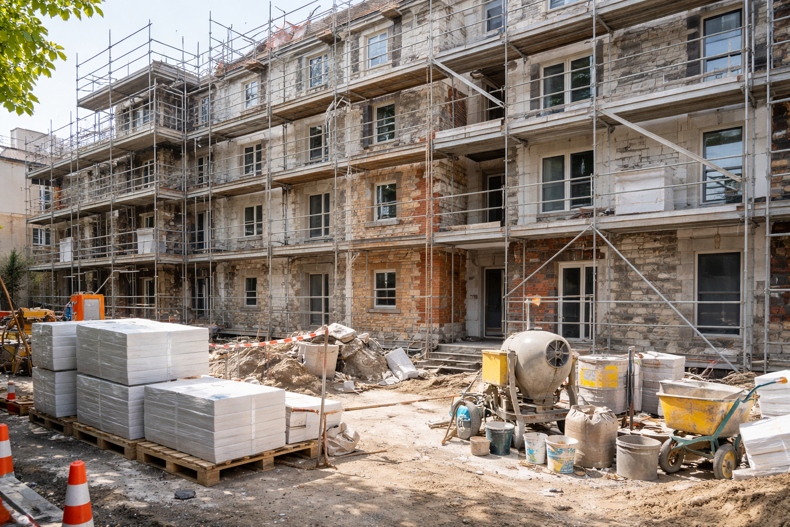 Bâtiment en construction : des échafaudages entourent une structure à plusieurs .