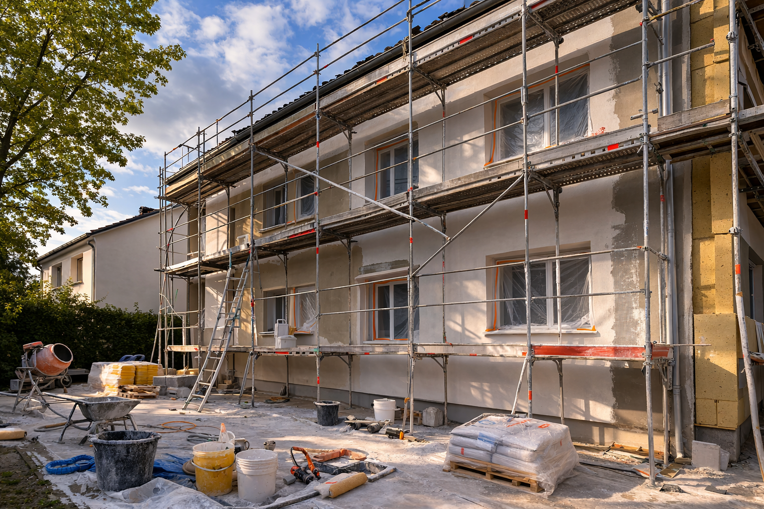 Façade du bâtiment en rénovation ; échafaudages, ouvriers et matériaux visibles.