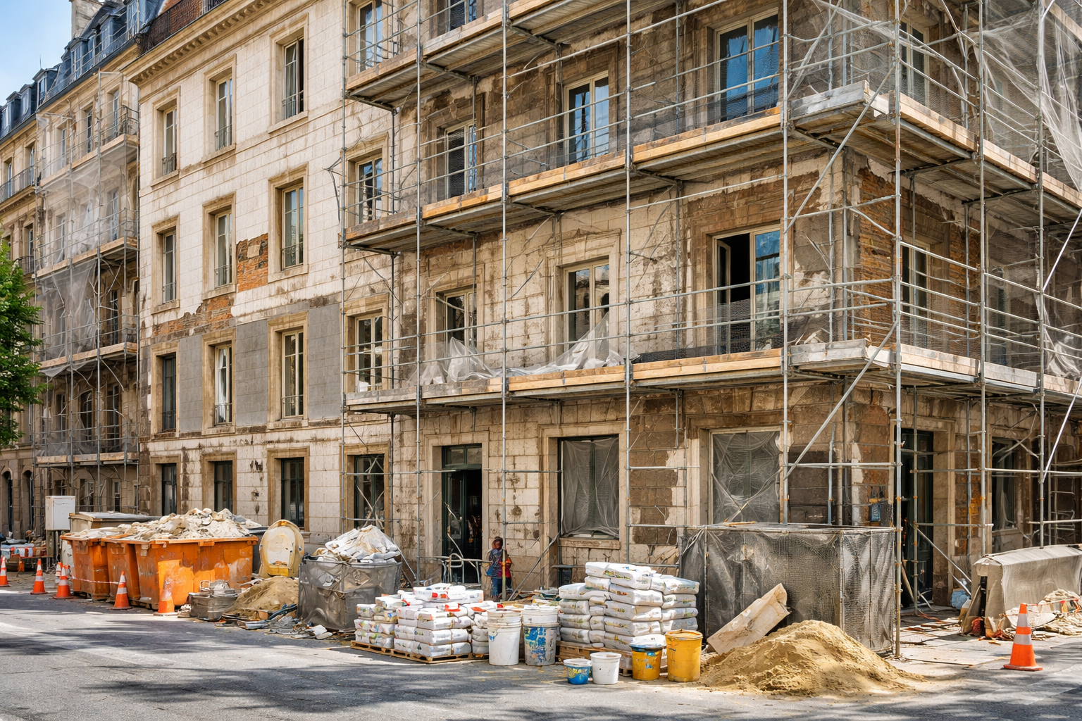 Bâtiment en construction ; échafaudages, débris et matériaux sur le trottoir.