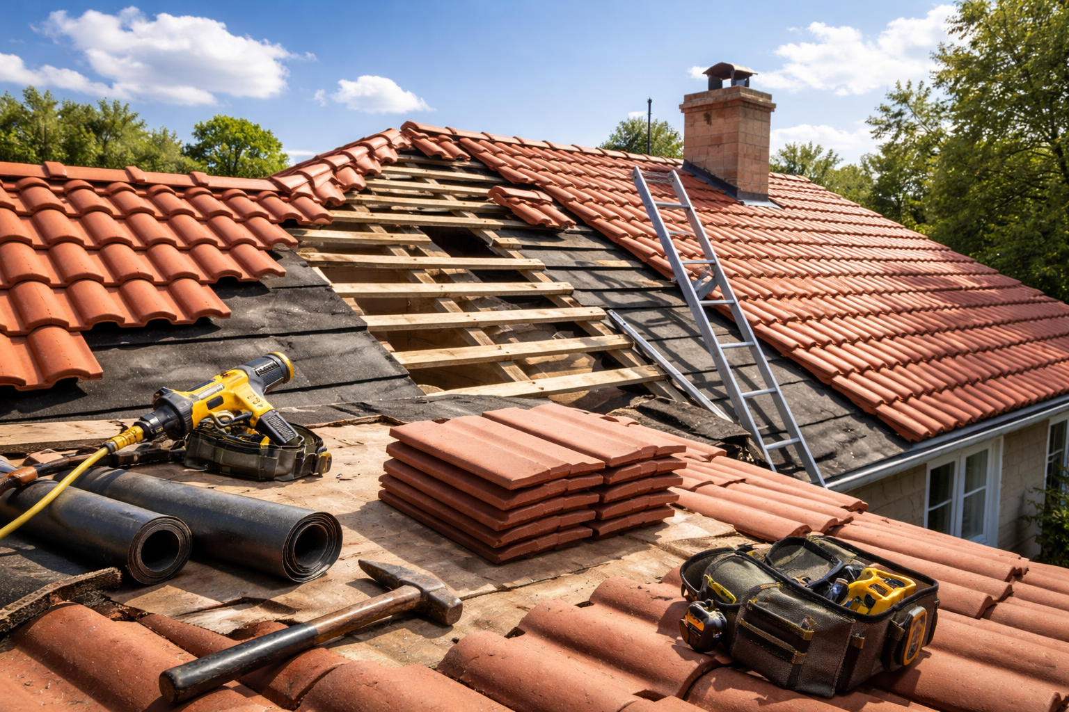 La toiture est en cours de réparation ; il manque des tuiles, des outils et une échelle.