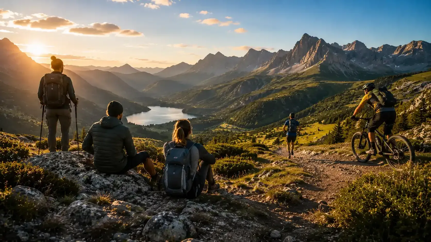 Senderistas descansando en un sendero de montaña al atardecer