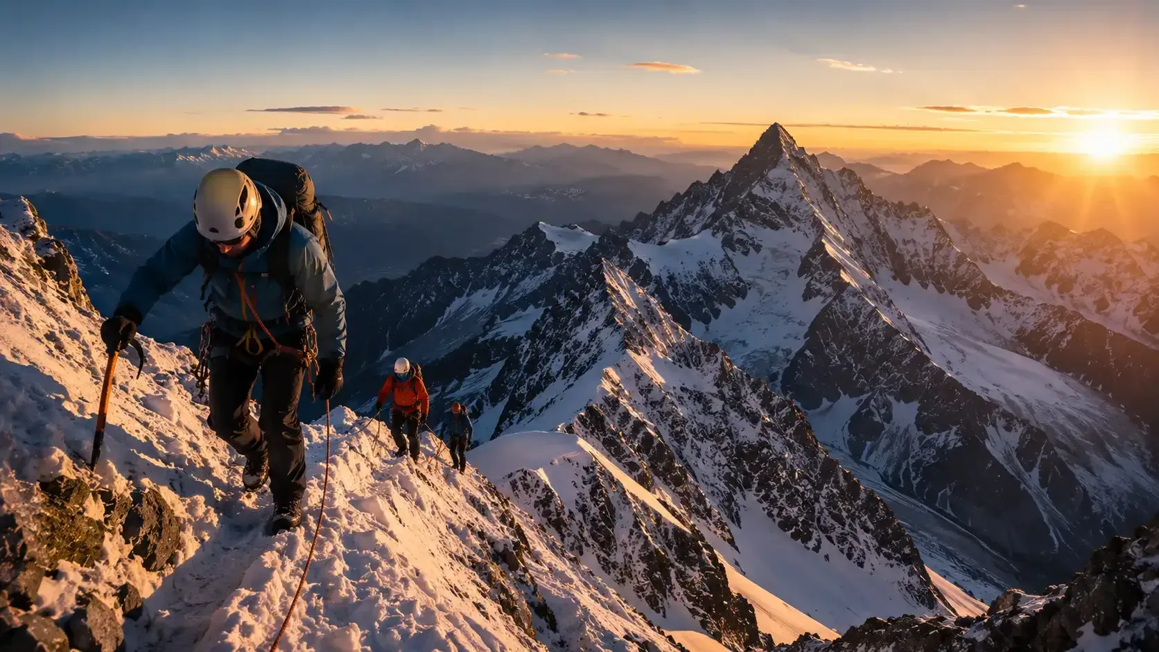 Dos escaladores ascienden por una cresta montañosa nevada al amanecer, con picos escarpados 