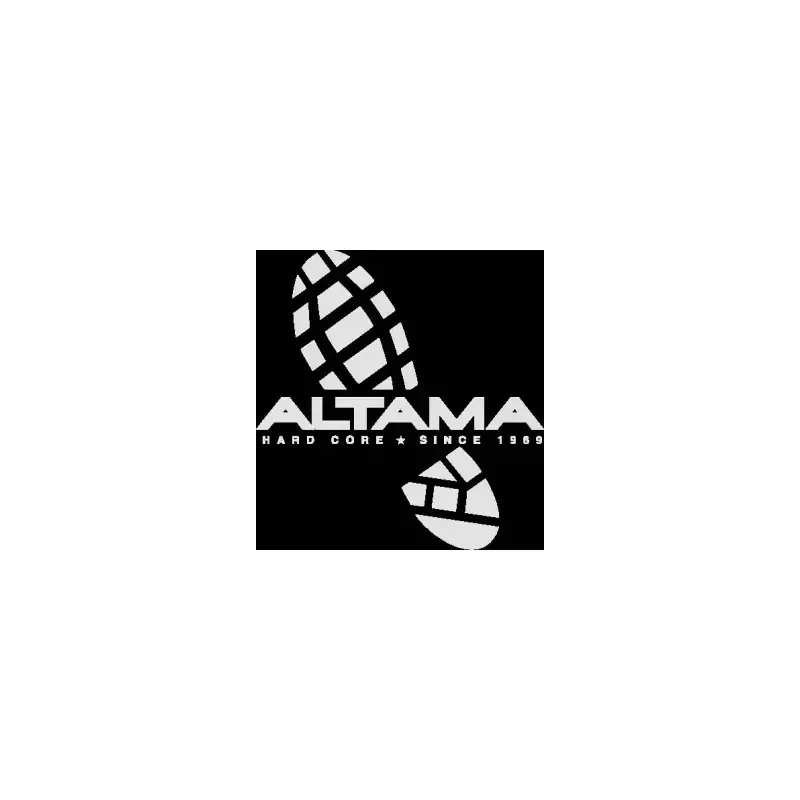 Logotipo negro de ALTAMA con gráfico de suela de bota blanca y el texto “ALTAMA” centrado.
