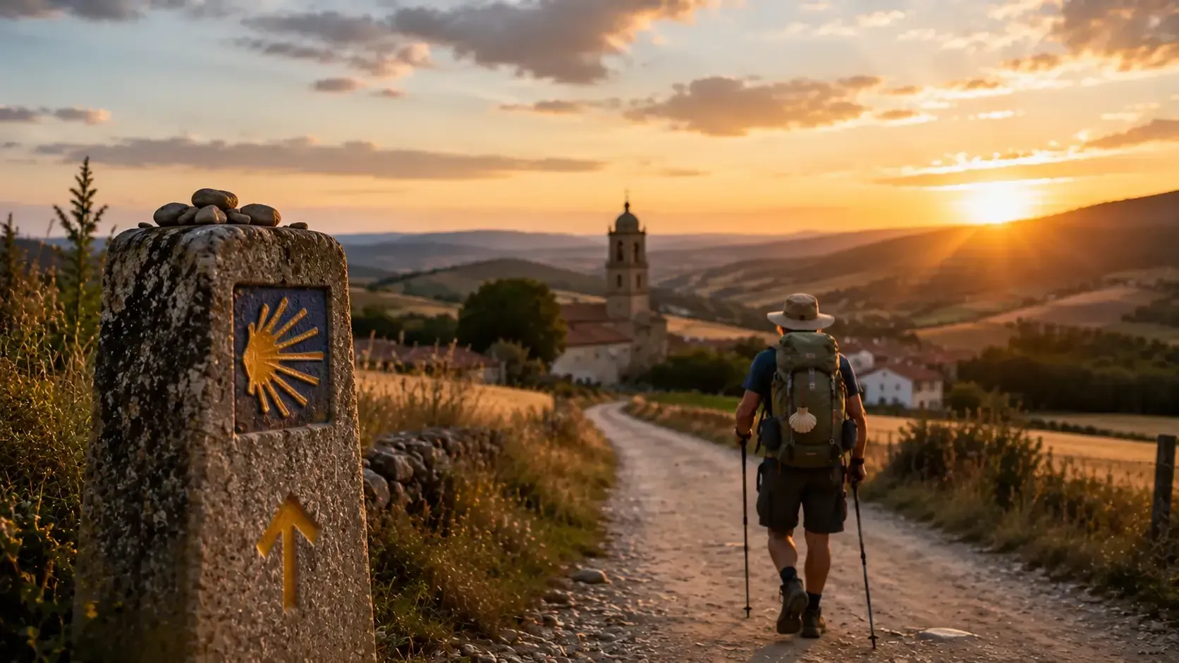 Un excursionista camina por un sendero al atardecer junto a un mojón de piedra, dirigiéndose hacia un pueblo