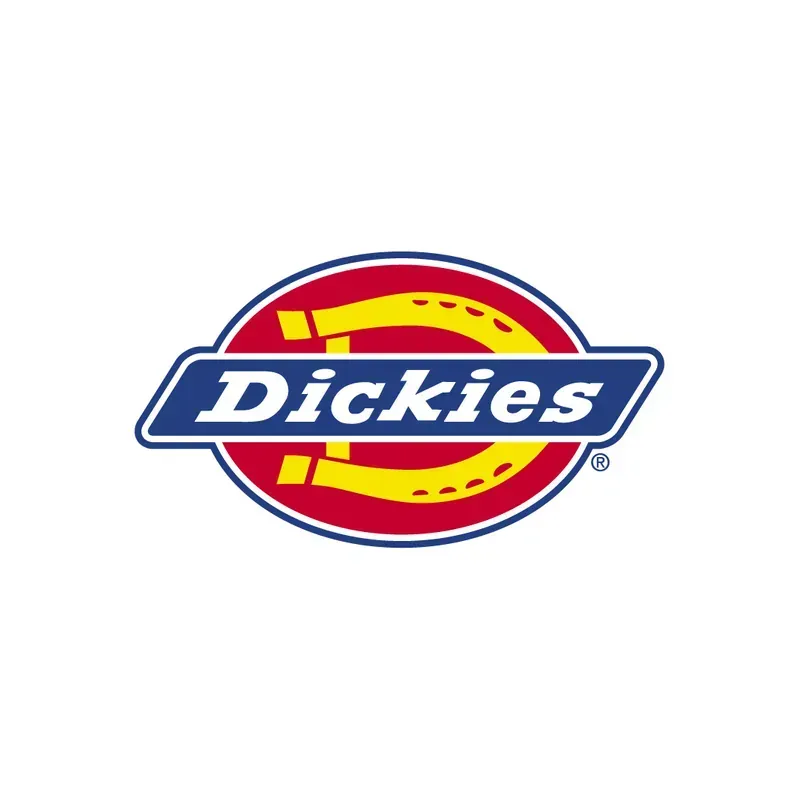 Logotipo de Dickies en rojo, amarillo y azul sobre un fondo blanco.
