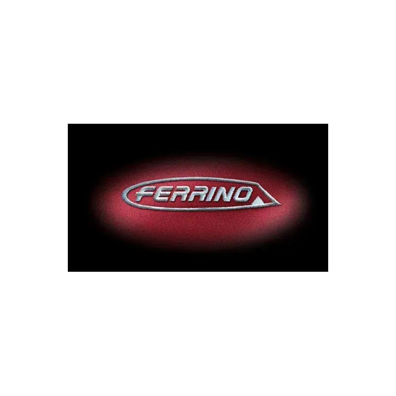 Logotipo de Ferrino en blanco y rojo sobre fondo negro, rodeado de un resplandor rojo.