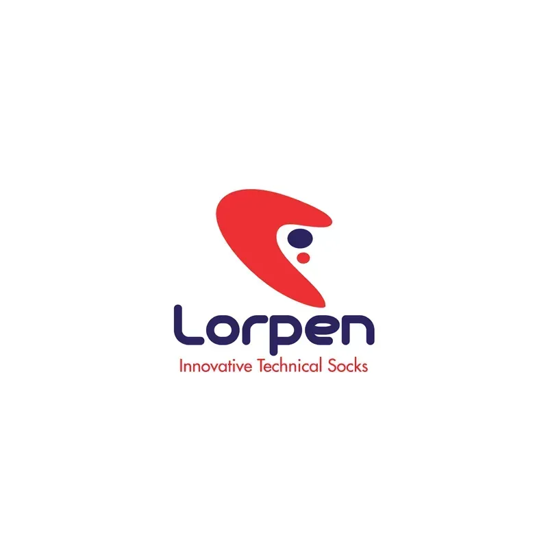 Logotipo de Lorpen con una marca abstracta roja y el texto azul marino “Lorpen” encima de “Calcetines técnicos innovadores”.