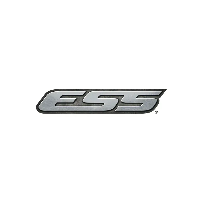 Logotipo plateado de ESS sobre fondo blanco