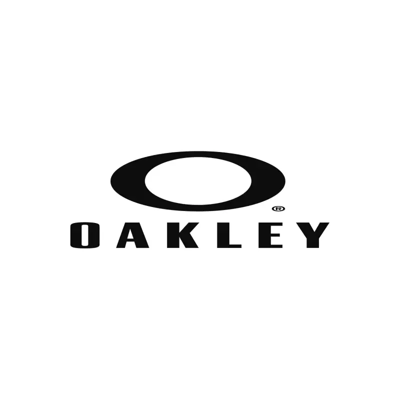 Logotipo negro de Oakley con una marca ovalada estilizada y el nombre de la marca sobre un fondo blanco.
