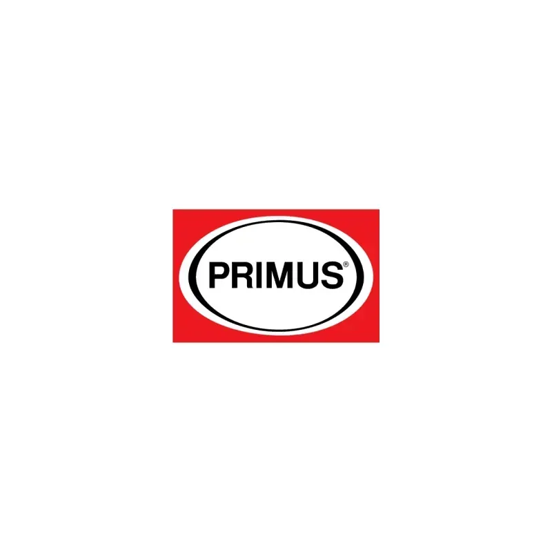 Logotipo de PRIMUS en negro sobre un óvalo blanco sobre un fondo cuadrado rojo.
