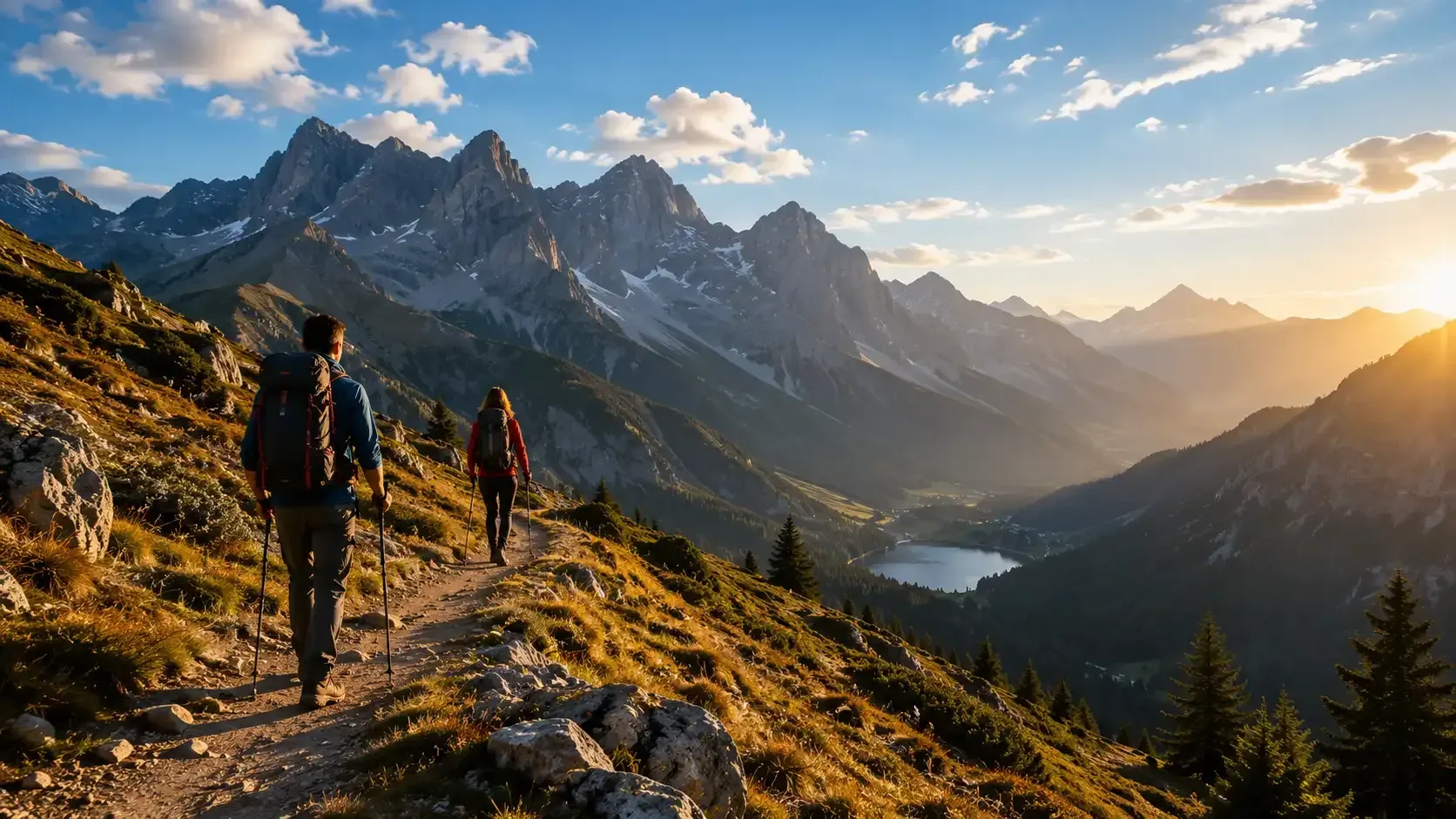 Dos excursionistas en un sendero rocoso de montaña al amanecer
