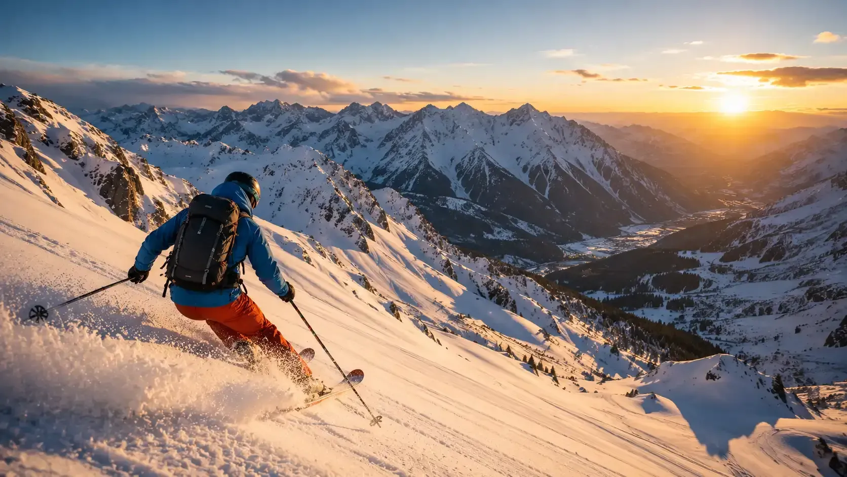 Un esquiador con chaqueta azul desciende una montaña nevada al atardecer, con un amplio valle alpino a sus pies.