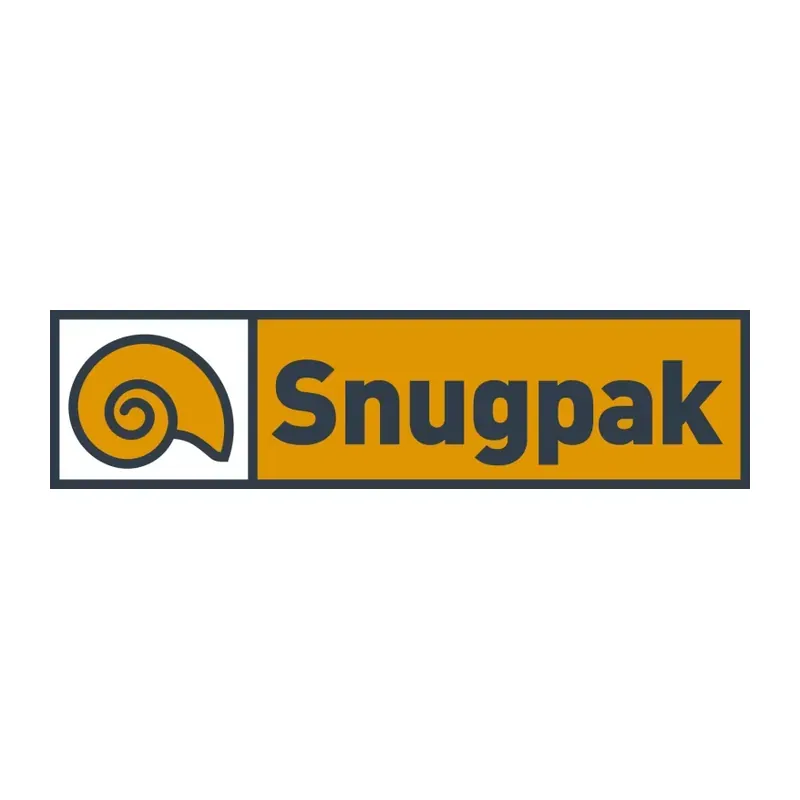 Logotipo de Snugpak con icono de espiral naranja y texto azul oscuro sobre fondo amarillo.