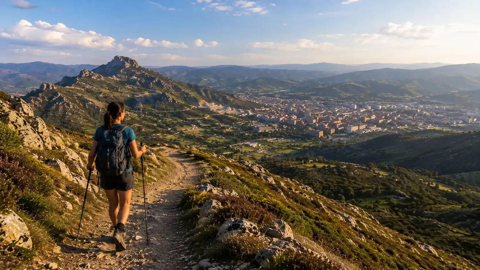 Un excursionista con mochila recorre un sendero de montaña con vistas a un valle iluminado por el sol y a un pueblo lejano.