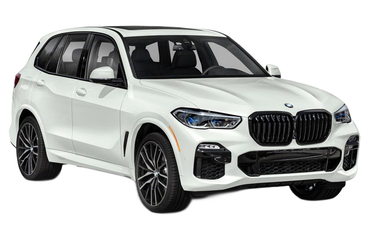 SUV BMW X5 blanc avec jantes noires, sur fond blanc.