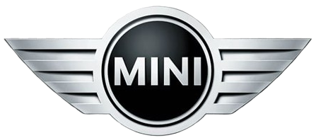 Le logo MINI. Un cercle noir avec l'inscription « MINI » en blanc, à l'intérieur d'un emblème ailé argenté.