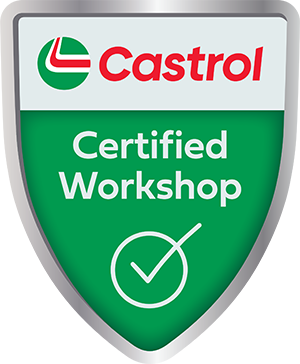 Insigne d'atelier certifié Castrol ; bouclier vert et argent avec coche et logo.