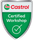 Insigne d'atelier certifié Castrol ; bouclier vert et argent avec coche et logo.