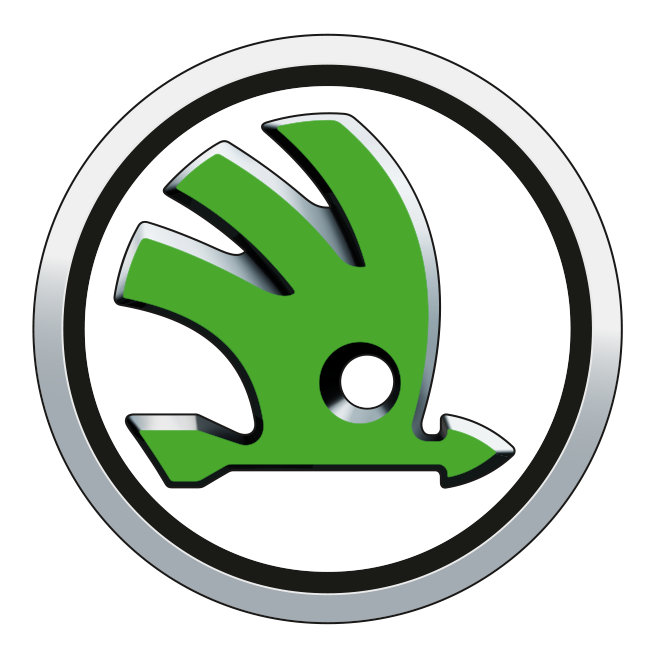 Logo Skoda : Flèche ailée stylisée verte dans un cercle argenté sur fond blanc.
