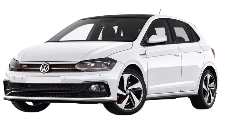 Volkswagen Polo GTI blanche à hayon avec toit noir, garée sur fond blanc.