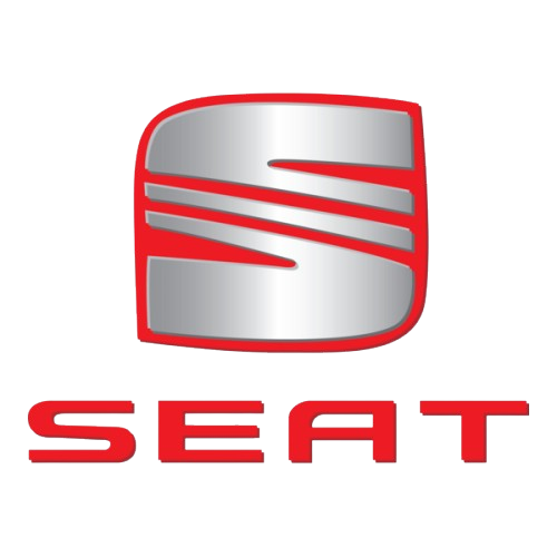 Logo de voiture SEAT, forme « S » argentée dans un carré rouge, avec le texte « SEAT » en dessous en rouge.