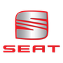 Logo de voiture SEAT, forme « S » argentée dans un carré rouge, avec le texte « SEAT » en dessous en rouge.