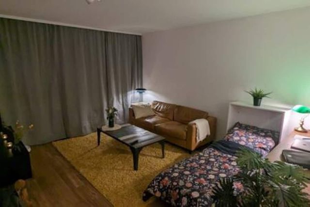 Wohnbereich mit Ledersofa und Gästebett – Ferienwohnung ALLROOM Unterschleißheim