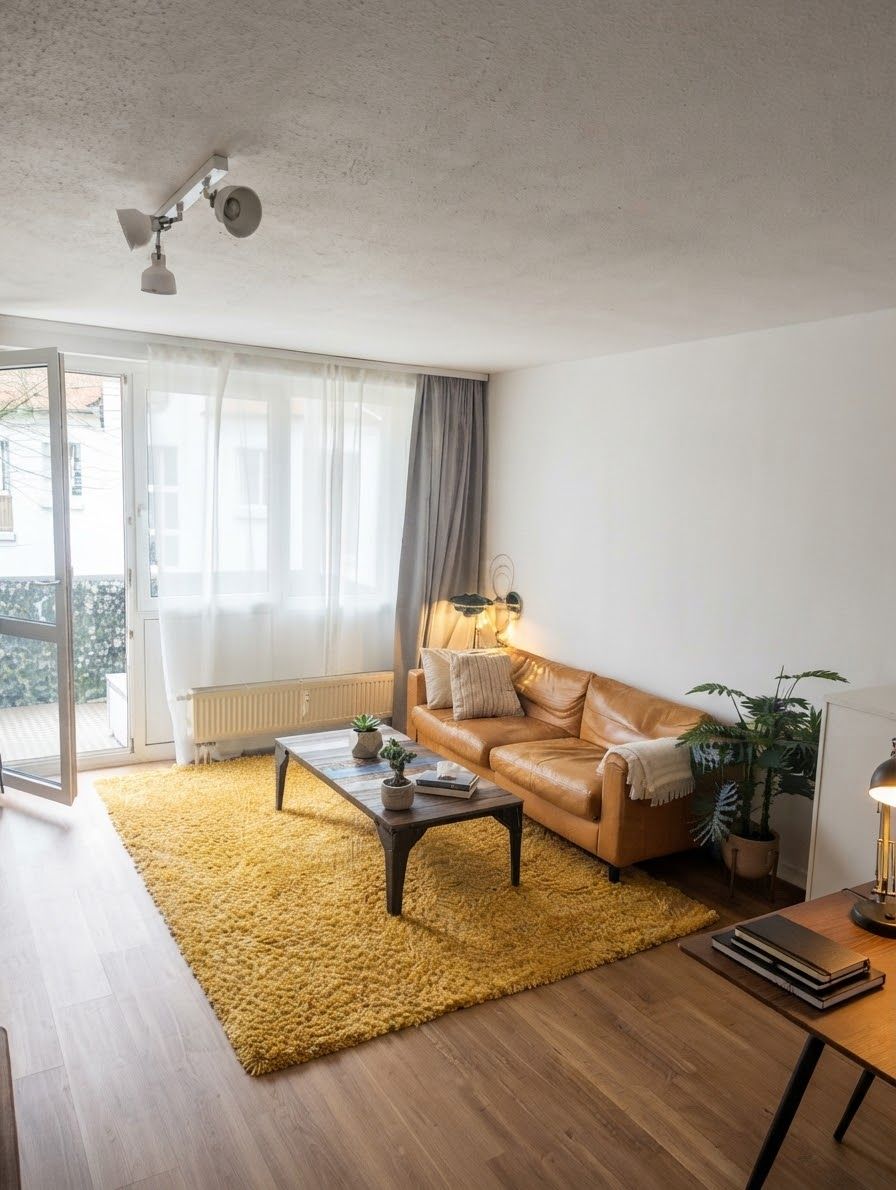 Helles Wohnzimmer mit Ledersofa und Balkontür – Ferienwohnung ALLROOM in Unterschleißheim bei München