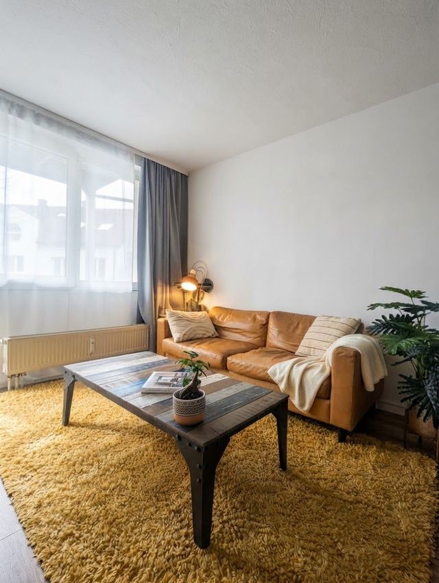 Wohnzimmer mit Ledersofa – Ferienwohnung ALLROOM Unterschleißheim