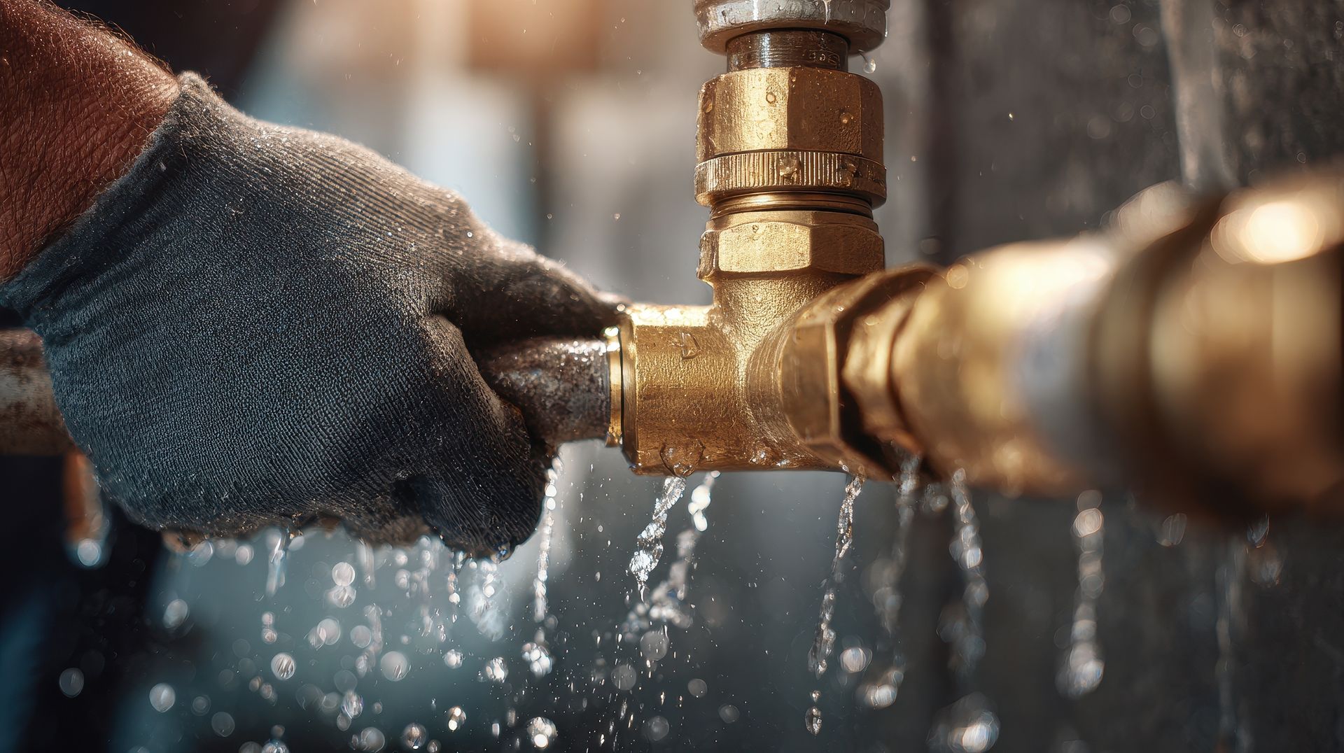 Main gantée actionnant un robinet en laiton, avec des jets d'eau en arrière-plan.