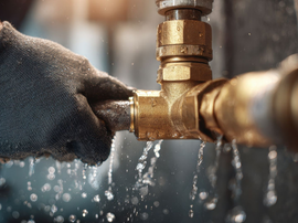 Main gantée serrant une vanne de tuyau en laiton sous l'effet des jets d'eau dans un environnement industriel sombre et humide.
