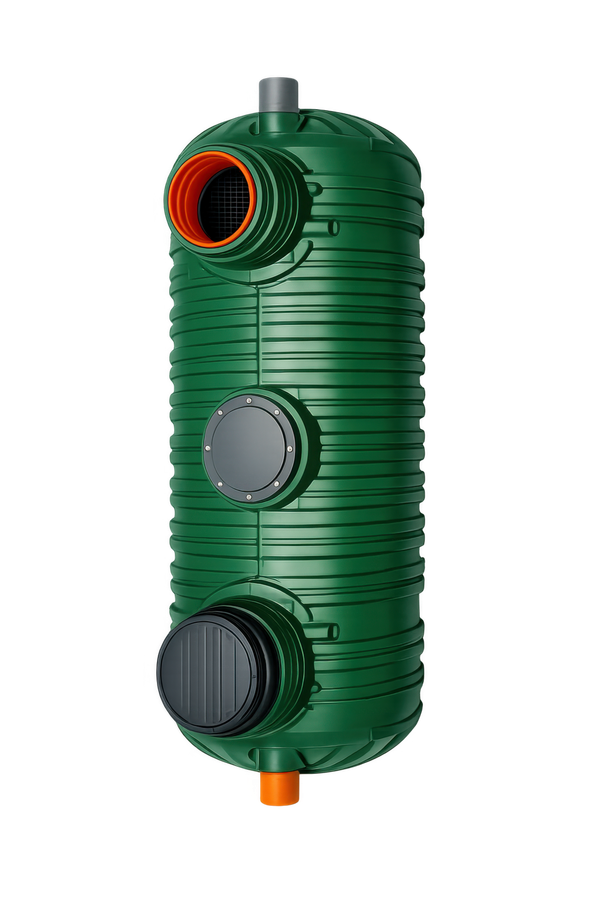 Réservoir cylindrique en plastique vert avec trois ouvertures latérales circulaires et petits raccords en haut et en bas.