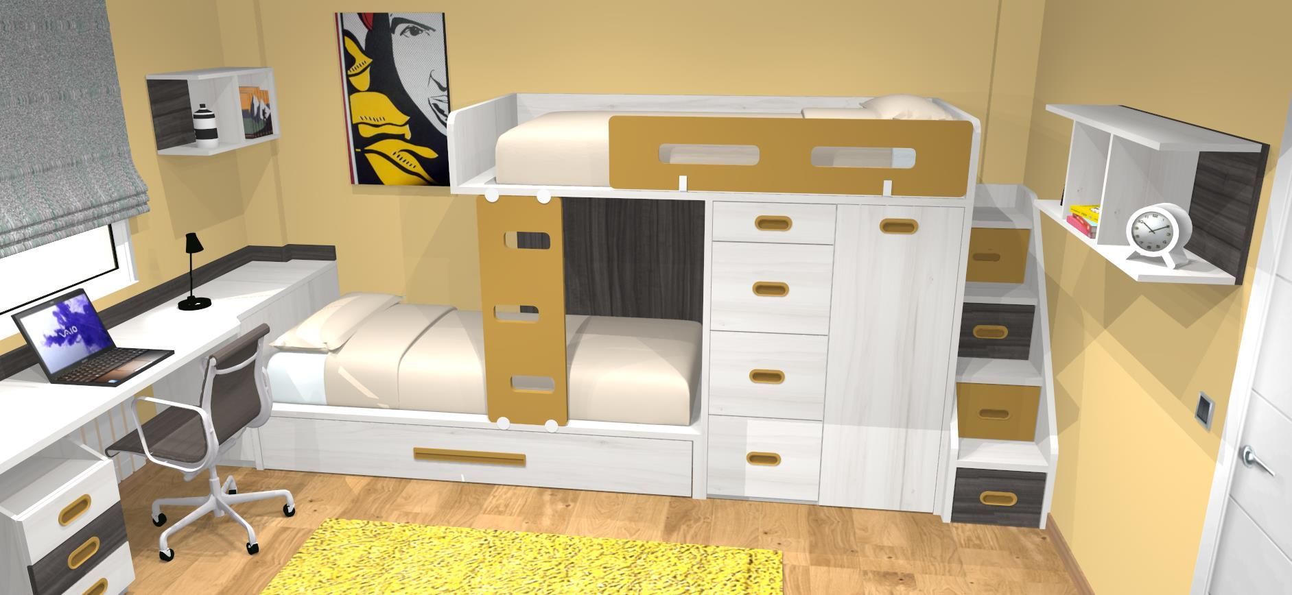 Un dormitorio con una cama y un escritorio con una computadora portátil encima.