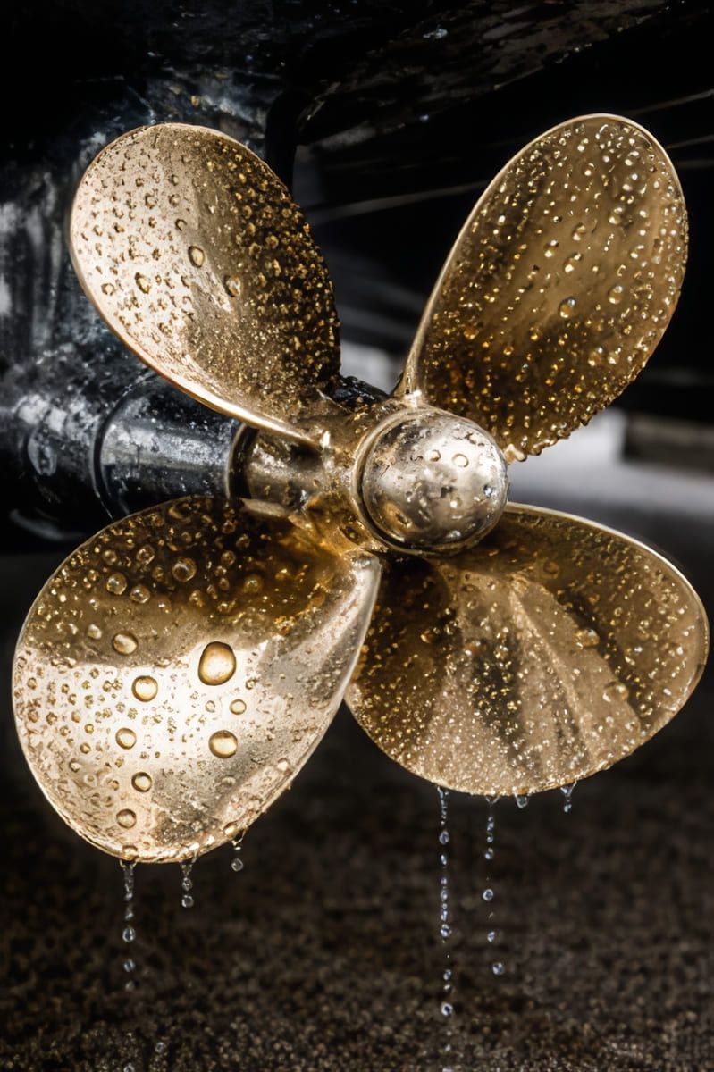 Un primer plano de la hélice de un barco en el agua.