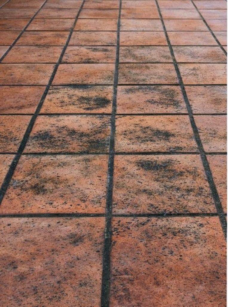 Suelo de baldosas de color marrón rojizo con lechada oscura. Las baldosas presentan signos de desgaste.