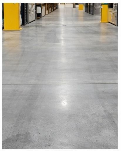 Piso de almacén de hormigón gris con estanterías y postes de seguridad de color amarillo.