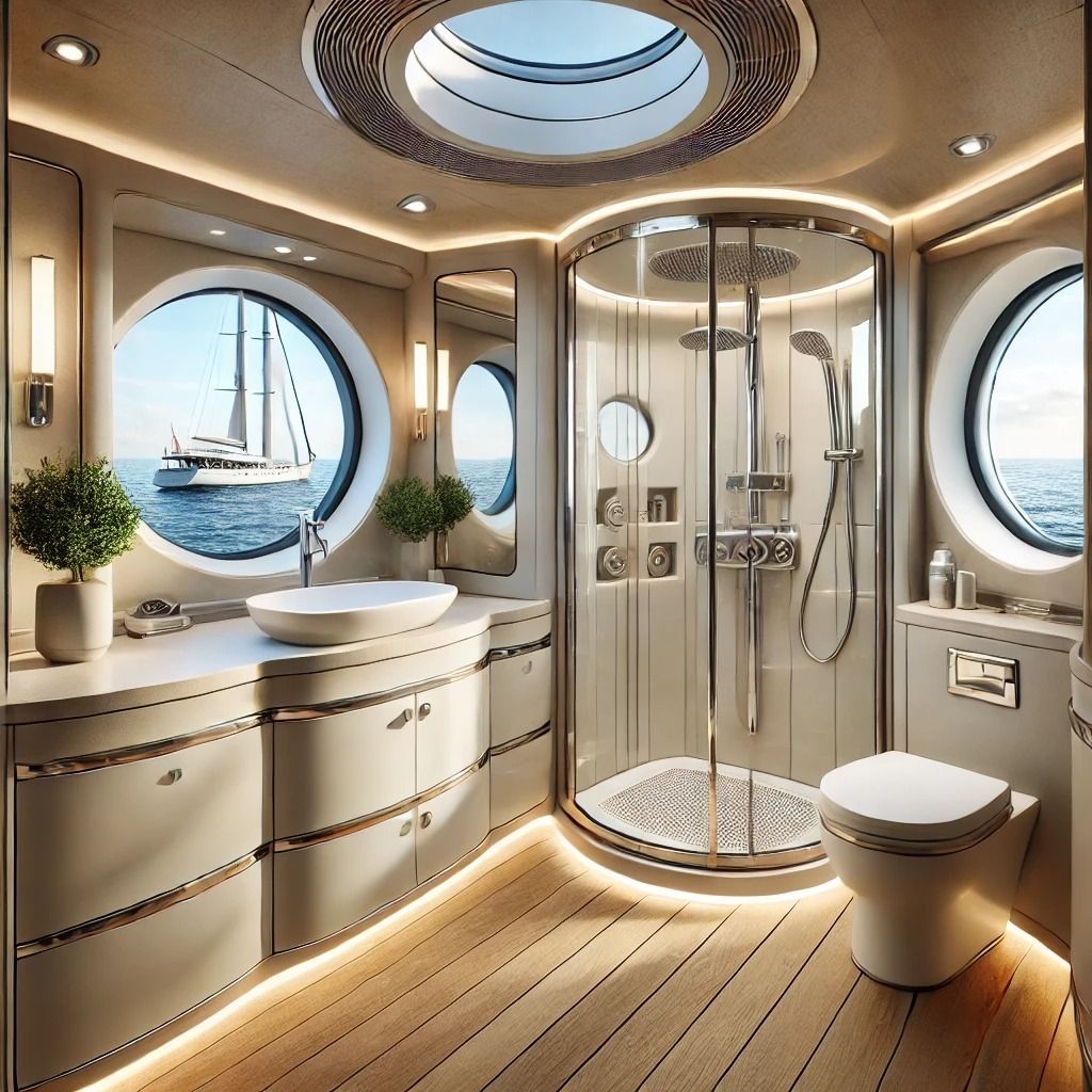 Un baño con inodoro, lavabo y ducha con vista al océano.