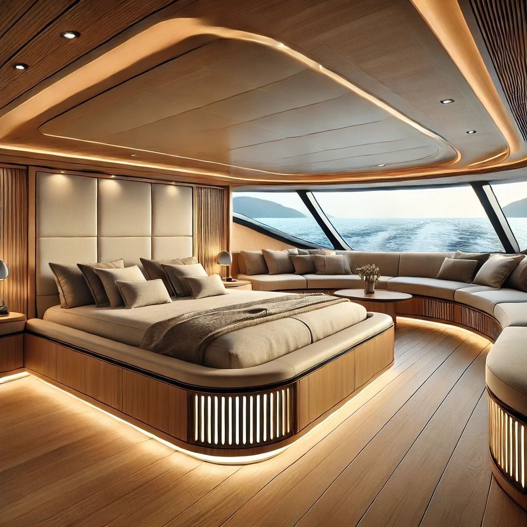 Un dormitorio con una cama grande y una gran ventana con vista al mar.