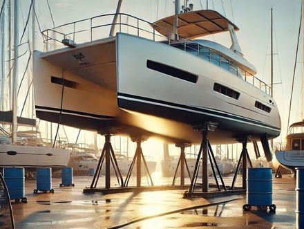 Un barco está sentado encima de un muelle en un puerto deportivo.