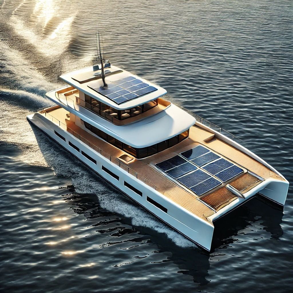 Un yate con paneles solares en la cubierta está flotando sobre un cuerpo de agua.