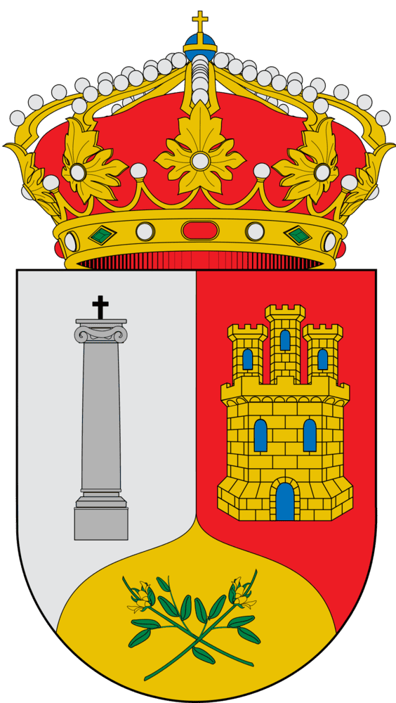 Escudo de armas con columna blanca, castillo dorado sobre rojo y ramitas verdes sobre oro.