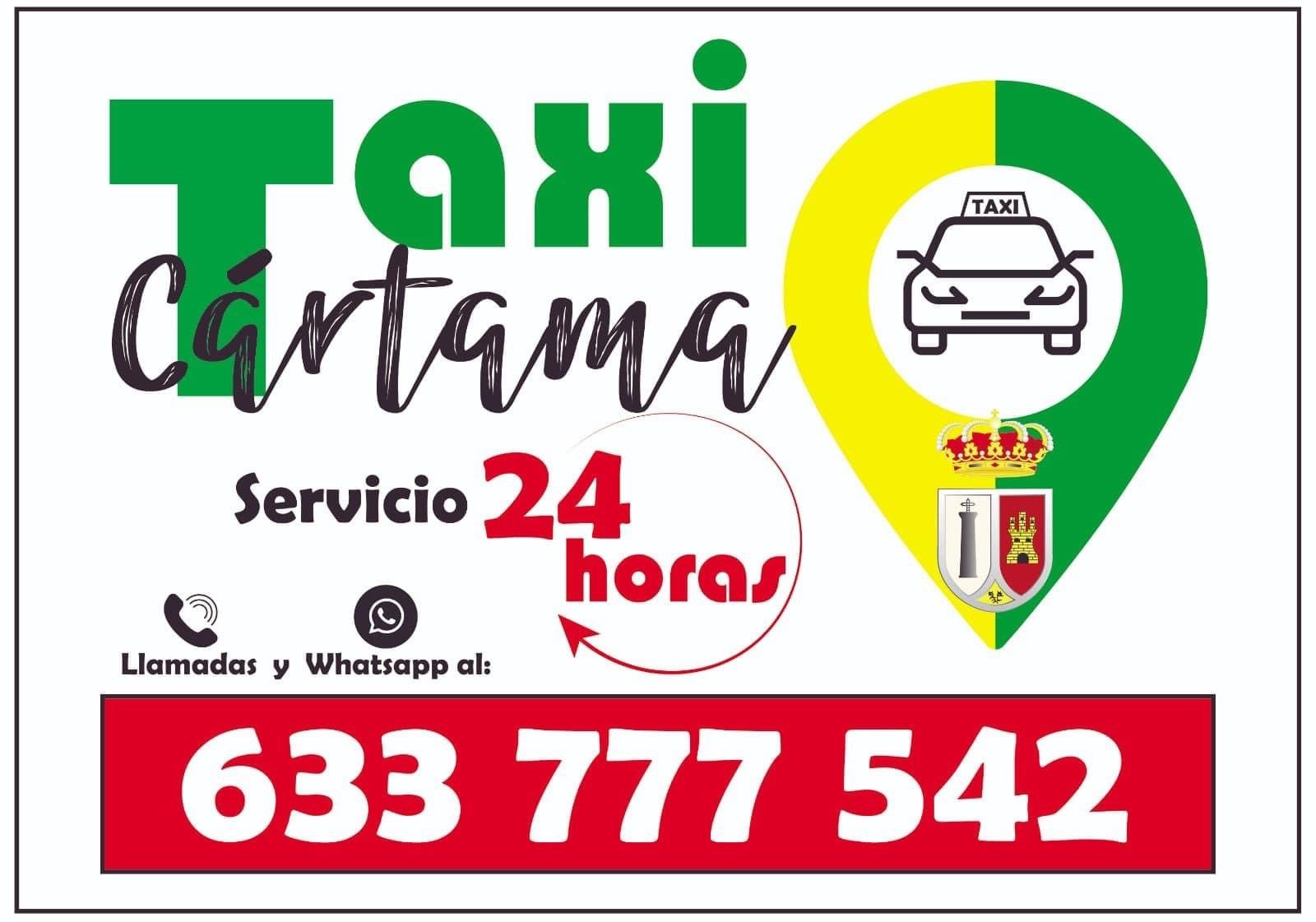 Anuncio de Taxi Cártama. Logotipo verde y blanco, servicio 24 horas, teléfono 633 777 542.