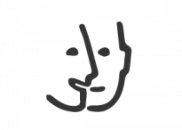 Dessin abstrait au trait noir d'un visage sur fond blanc