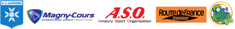 Une rangée de logos sur une bannière blanche, parmi lesquels MagnyCours, ASO et Route de France.