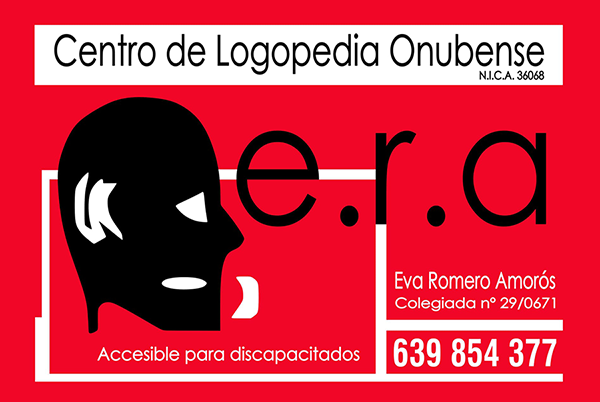 Logotipo con silueta de rostro negro y texto blanco &ldquo;CRA Centro de Logopedia Onubense&rdquo; sobre un cuadrado redondeado rojo.
