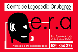 Logotipo con silueta de rostro negro y texto blanco &ldquo;CRA Centro de Logopedia Onubense&rdquo; sobre un cuadrado redondeado rojo.